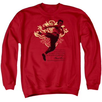 Red men's crewneck sweatshirt with Bruce Lee Immortal Dragon graphic