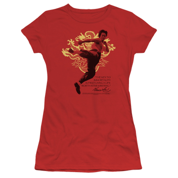 Red juniors t-shirt with Bruce Lee Immortal Dragon graphic