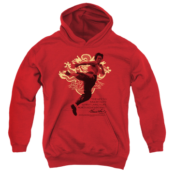 Red youth hoodie for ages 8 to 12 with Bruce Lee Immortal Dragon graphic