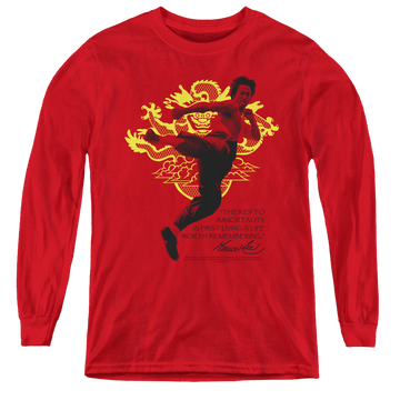 Red youth long sleeve t-shirt with Bruce Lee Immortal Dragon graphic
