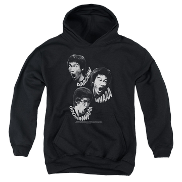 Black youth hoodie for ages 8 to 12 with Bruce Lee Sounds Of The Dragon graphic