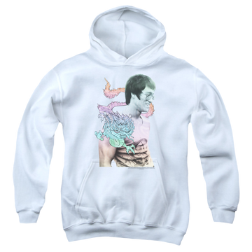 White youth hoodie for ages 8 to 12 with Bruce Lee A Little Bruce graphic