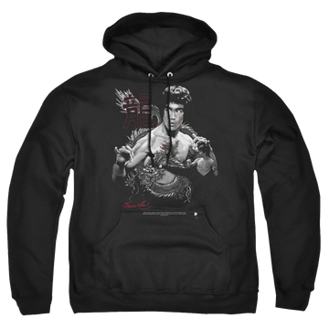 Black pullover hoodie with Bruce Lee The Dragon graphic