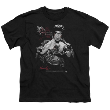 Black youth t-shirt for ages 8 to 12 with Bruce Lee The Dragon graphic