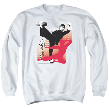White men's crewneck sweatshirt with Bruce Lee Kick It graphic