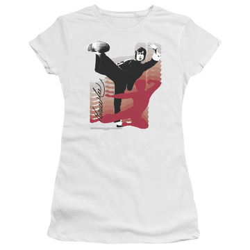 White juniors t-shirt with Bruce Lee Kick It graphic