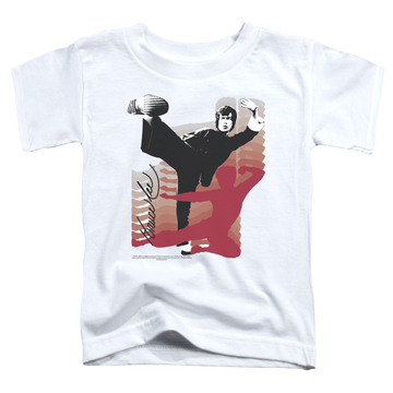 White kid's t-shirt for ages 4 to 7 with Bruce Lee Kick It graphic