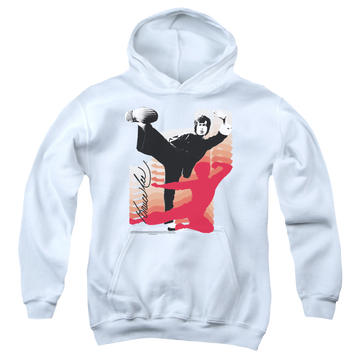 White youth hoodie for ages 8 to 12 with Bruce Lee Kick It graphic