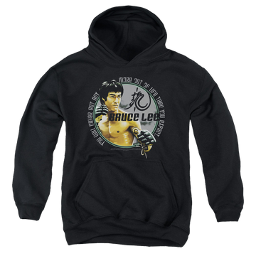 Black youth hoodie for ages 8 to 12 with Bruce Lee Expectations graphic