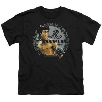 Black youth t-shirt for ages 8 to 12 with Bruce Lee Expectations graphic