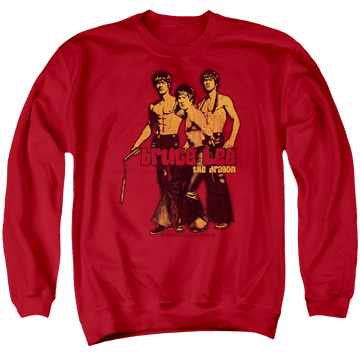 Red men's crewneck sweatshirt with Bruce Lee Nunchucks graphic