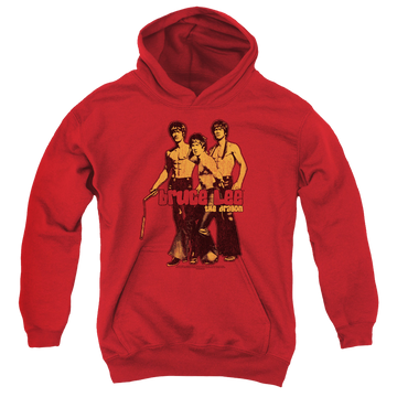 Red youth hoodie for ages 8 to 12 with Bruce Lee Nunchucks graphic