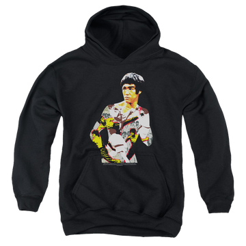 Black youth hoodie for ages 8 to 12 with Bruce Lee Body Of Action graphic