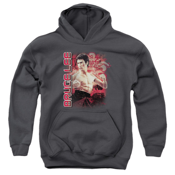 Charcoal youth hoodie for ages 8 to 12 with Bruce Lee Fury graphic
