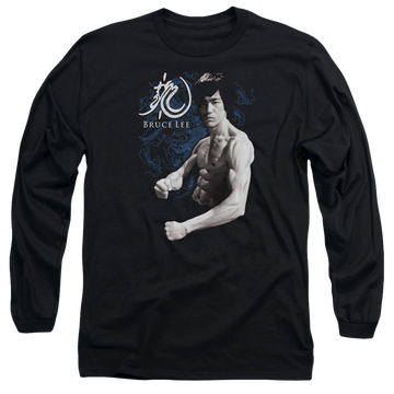 Black men's long sleeve t-shirt with Bruce Lee Dragon Stance graphic