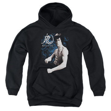 Black youth hoodie for ages 8 to 12 with Bruce Lee Dragon Stance graphic