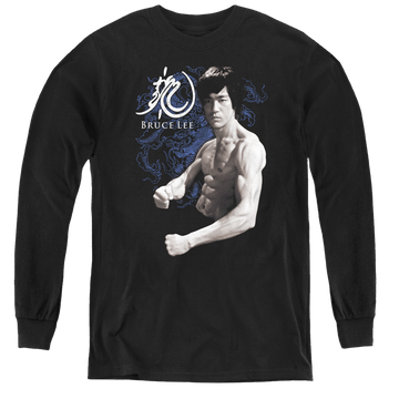 Black youth long sleeve t-shirt with Bruce Lee Dragon Stance graphic