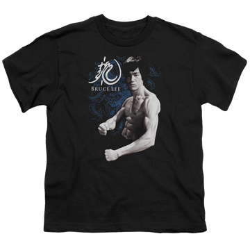 Black youth t-shirt for ages 8 to 12 with Bruce Lee Dragon Stance graphic