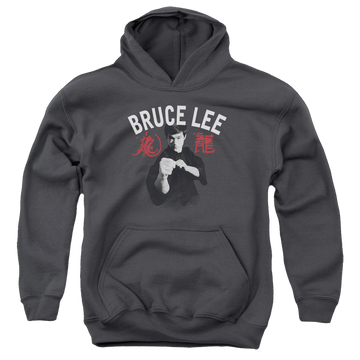 Charcoal youth hoodie for ages 8 to 12 with Bruce Lee Ready graphic