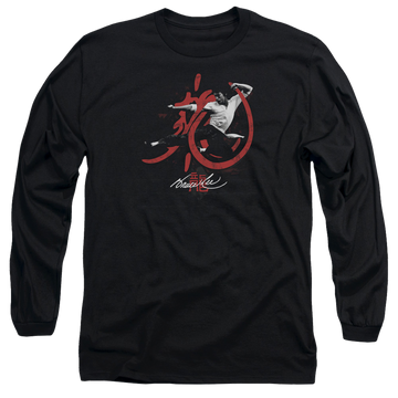Black men's long sleeve t-shirt with Bruce Lee High Flying graphic