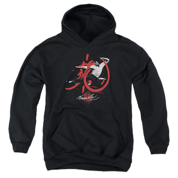 Black youth hoodie for ages 8 to 12 with Bruce Lee High Flying graphic