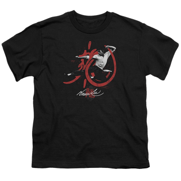 Black youth t-shirt for ages 8 to 12 with Bruce Lee High Flying graphic