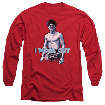 Red men's long sleeve t-shirt with Bruce Lee Lee Works Out graphic