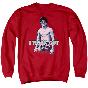 Red men's crewneck sweatshirt with Bruce Lee Lee Works Out graphic