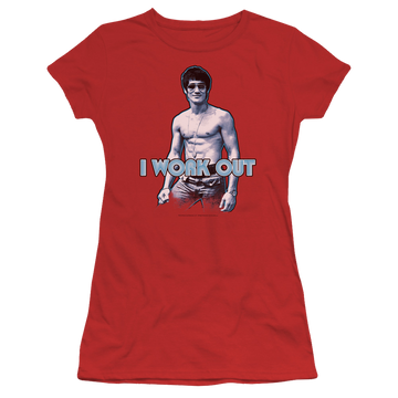 Red juniors t-shirt with Bruce Lee Lee Works Out graphic