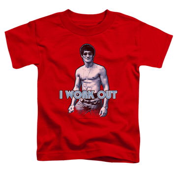 Red kid's t-shirt for ages 4 to 7 with Bruce Lee Lee Works Out graphic