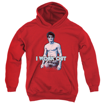 Red youth hoodie for ages 8 to 12 with Bruce Lee Lee Works Out graphic