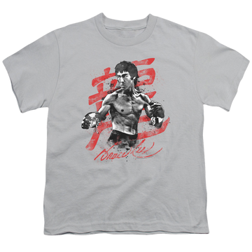 Silver youth t-shirt for ages 8 to 12 with Bruce Lee Ink Splatter graphic