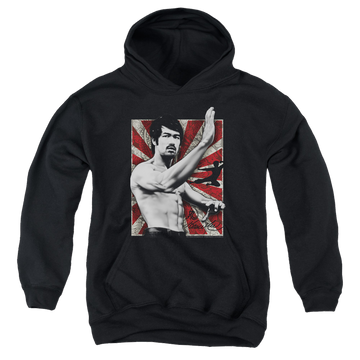 Black youth hoodie for ages 8 to 12 with Bruce Lee Concentrate graphic