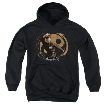 Black youth hoodie for ages 8 to 12 with Bruce Lee Jeet Kun Do Pose graphic
