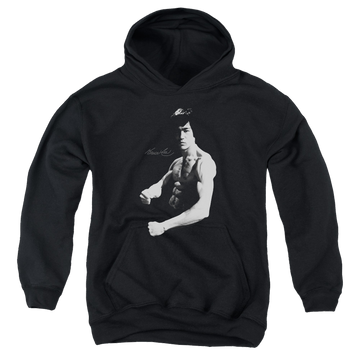 Black youth hoodie for ages 8 to 12 with Bruce Lee Stance graphic