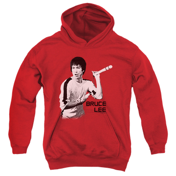 Red youth hoodie for ages 8 to 12 with Bruce Lee Nunchucks graphic