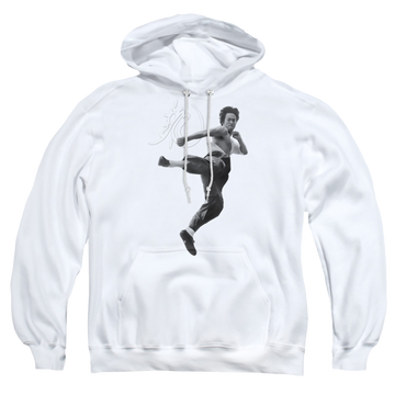 White pullover hoodie with Bruce Lee Flying Kick graphic