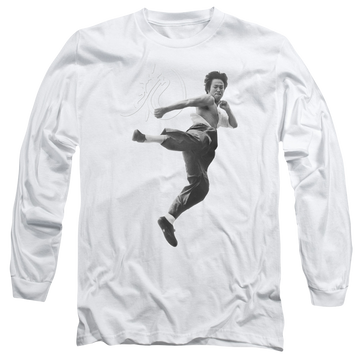 White men's long sleeve t-shirt with Bruce Lee Flying Kick graphic