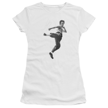 White juniors t-shirt with Bruce Lee Flying Kick graphic