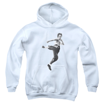 White youth hoodie for ages 8 to 12 with Bruce Lee Flying Kick graphic