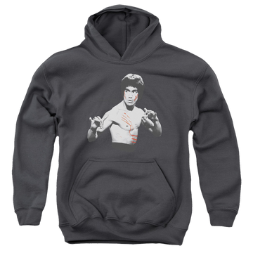 Charcoal youth hoodie for ages 8 to 12 with Bruce Lee Final Confrontation graphic