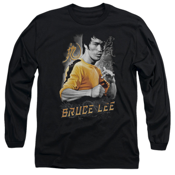Black men's long sleeve t-shirt with Bruce Lee Yellow Dragon graphic
