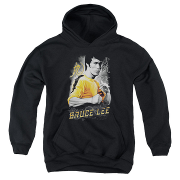 Black youth hoodie for ages 8 to 12 with Bruce Lee Yellow Dragon graphic