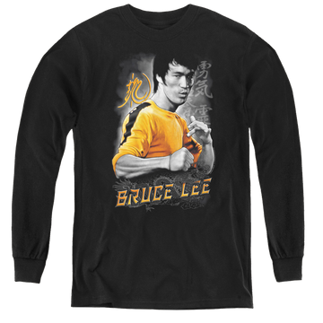 Black youth long sleeve t-shirt with Bruce Lee Yellow Dragon graphic