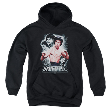 Black youth hoodie for ages 8 to 12 with Bruce Lee Inner Fury graphic
