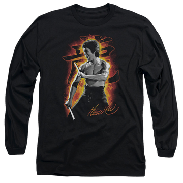Black men's long sleeve t-shirt with Bruce Lee Dragon Fire graphic