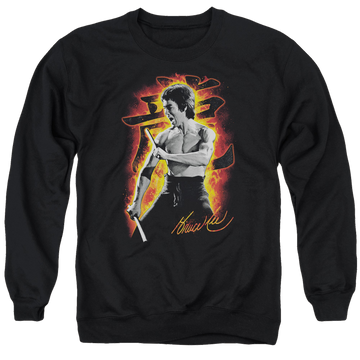 Black men's crewneck sweatshirt with Bruce Lee Dragon Fire graphic