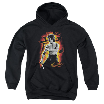 Black youth hoodie for ages 8 to 12 with Bruce Lee Dragon Fire graphic