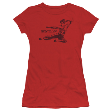 Red juniors t-shirt with Bruce Lee Line Kick graphic
