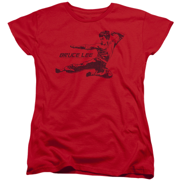 Red women's t-shirt with Bruce Lee Line Kick graphic
